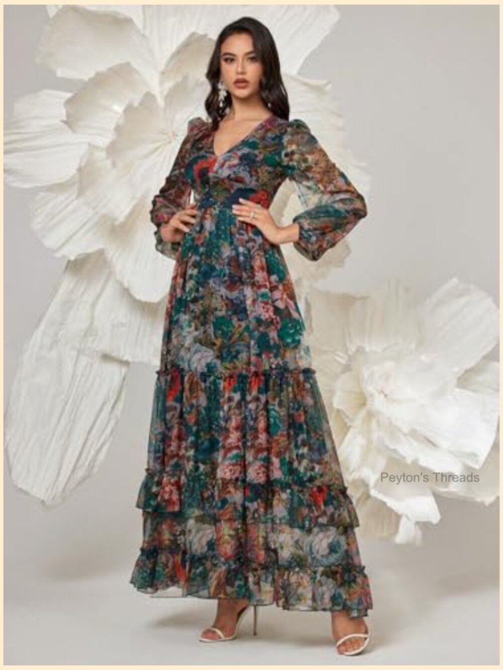 Boho V Neck Long Sleeve Ruffle Floral Print Maxi Dress Swing Tiered Hem - Picture 5 of 6